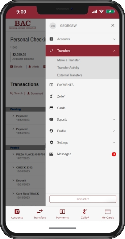Screenshot of the Hamburger menu inside Personal Mobile Banking