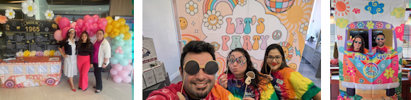 picture of staff dressed in 1960s attire and settings at three locations
